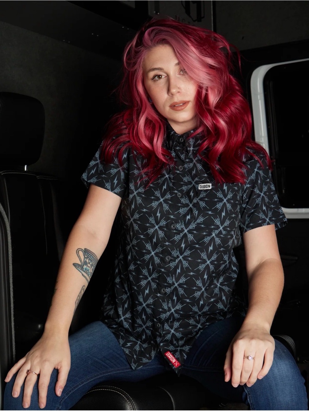 DIXXON Women's “The Riff” Black Short-Sleeve Button-Up Shirt